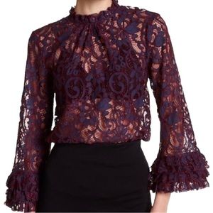 Willow & Clay Purple Blue Lace Long Sleeve Mock Turtleneck Top Size L‎